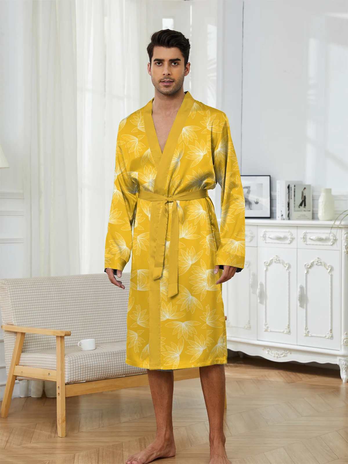 

The new men's long robe is trendy and comfortable for home use, while the fun casual sleeping robe features digital printing.