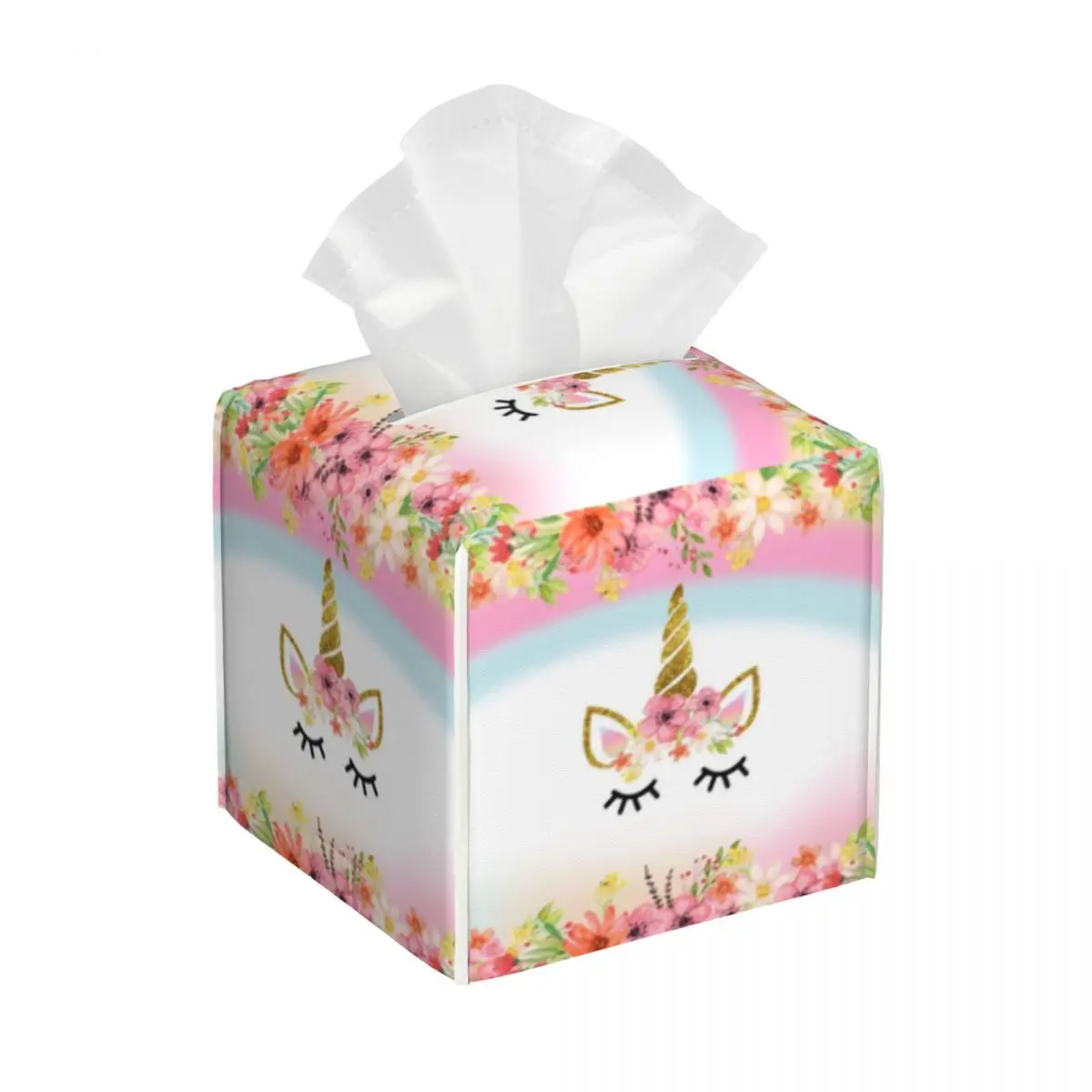 Custom Cartoon Rainbow Unicorn Tissue Box Cover PU Leather Square Facial Tissue Box Holder for Bathroom Office