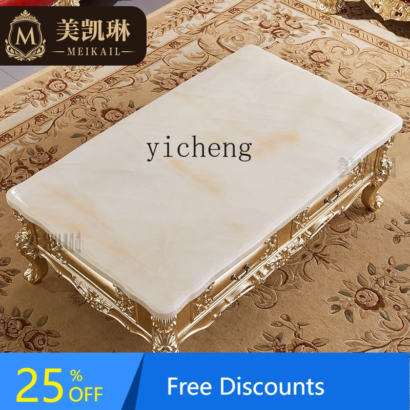 

European solid wood carving flower coffee table, imported natural marble rectangular coffee table