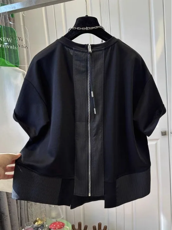 Onregelmatige Splicing Dames T-shirt F Sve Ronde Ne Losse Faionable Unieke Zomer Nieuwe Sle Top Casual Streetwear