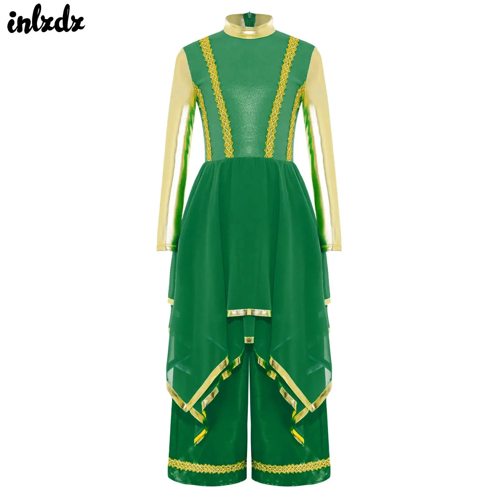 

Kids Girls Worship Liturgical Ballet Lyrical Dance Dresses Metallic Irregular Hem Skirted Jumpsuit Church Choir Worship Costume
