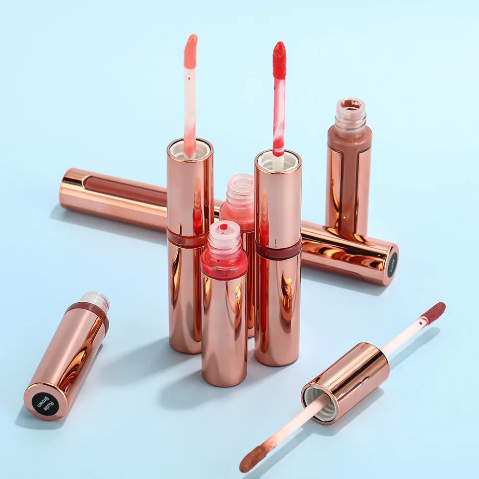 Tubo de ouro rosa de ponta dupla nude lipgloss rótulo privado batom líquido fosco brilho labial vegano logotipo personalizado maquiagem atacado