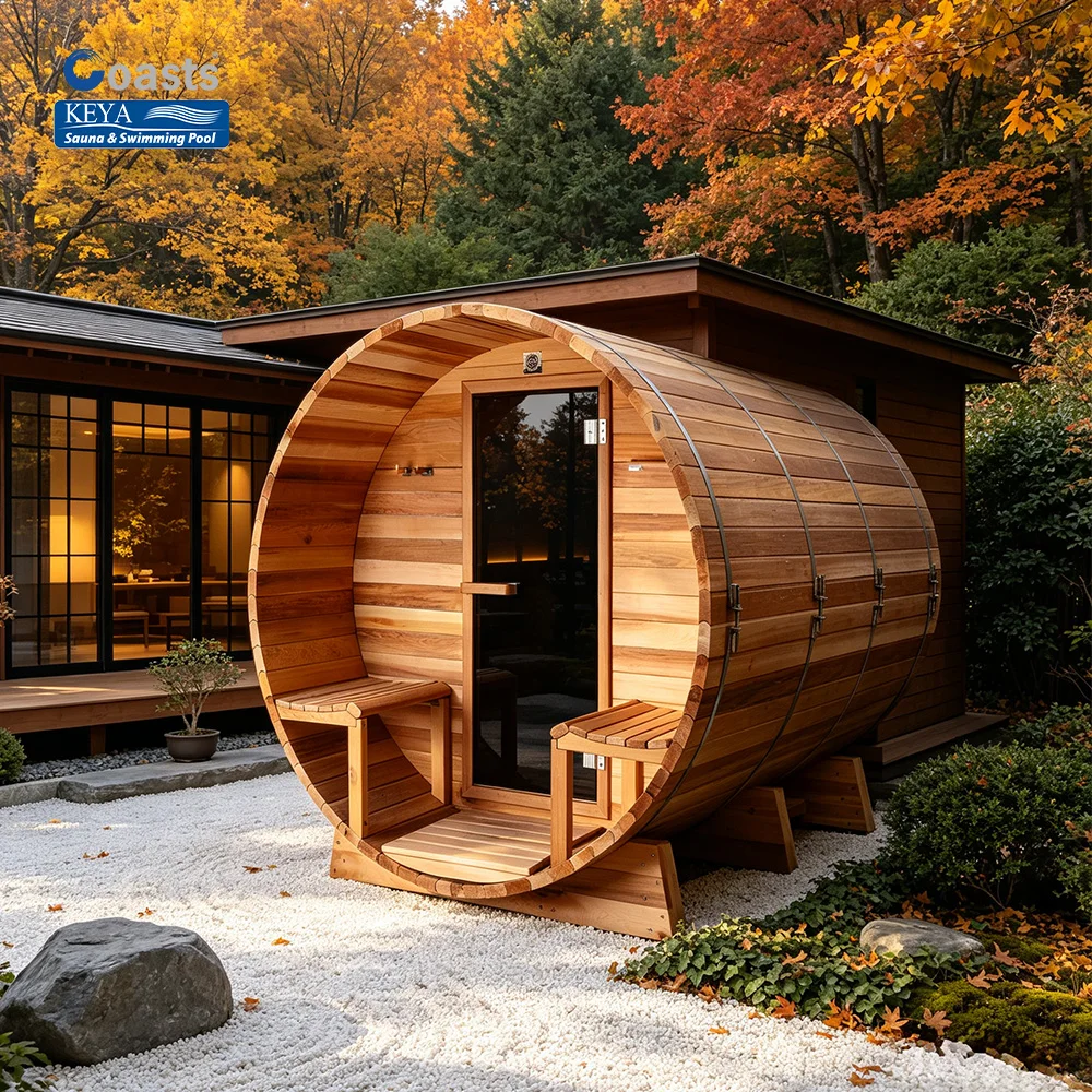 Precision Engineered Outdoor Barrel Sauna Single Piece Red Cedar ETL Certified Smart WiFi System Luxury Home Spa Kit