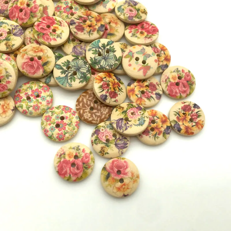 50PCS/Lot 18mm Mixed Flowers Pattern 2-holes Round Wooden Buttons For Sewing Clothing Scrapbooking Crafts Home Decor  QTG063