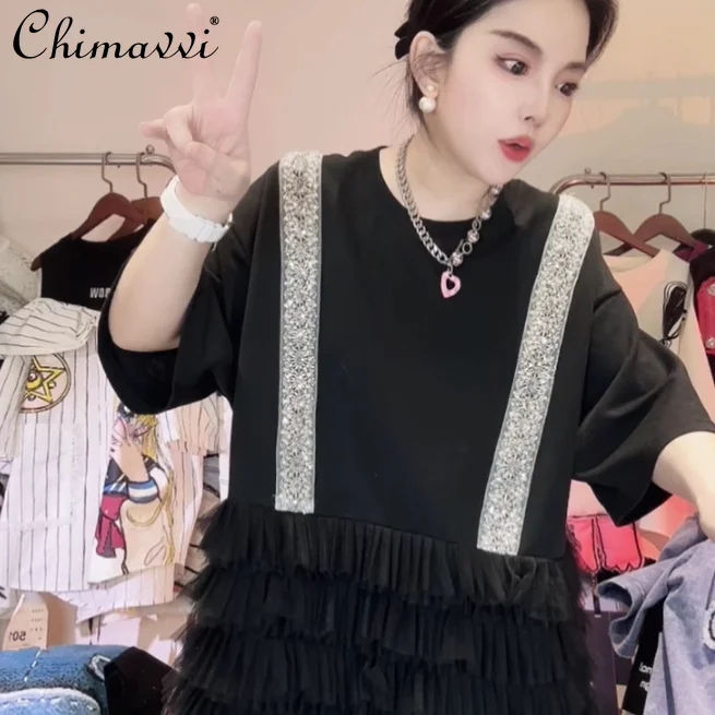 オリジナル新作ヘビーインダストリーレーススプライシング半袖ルーズTシャツワンピースラウンドネックレディースルーズロングTシャツ