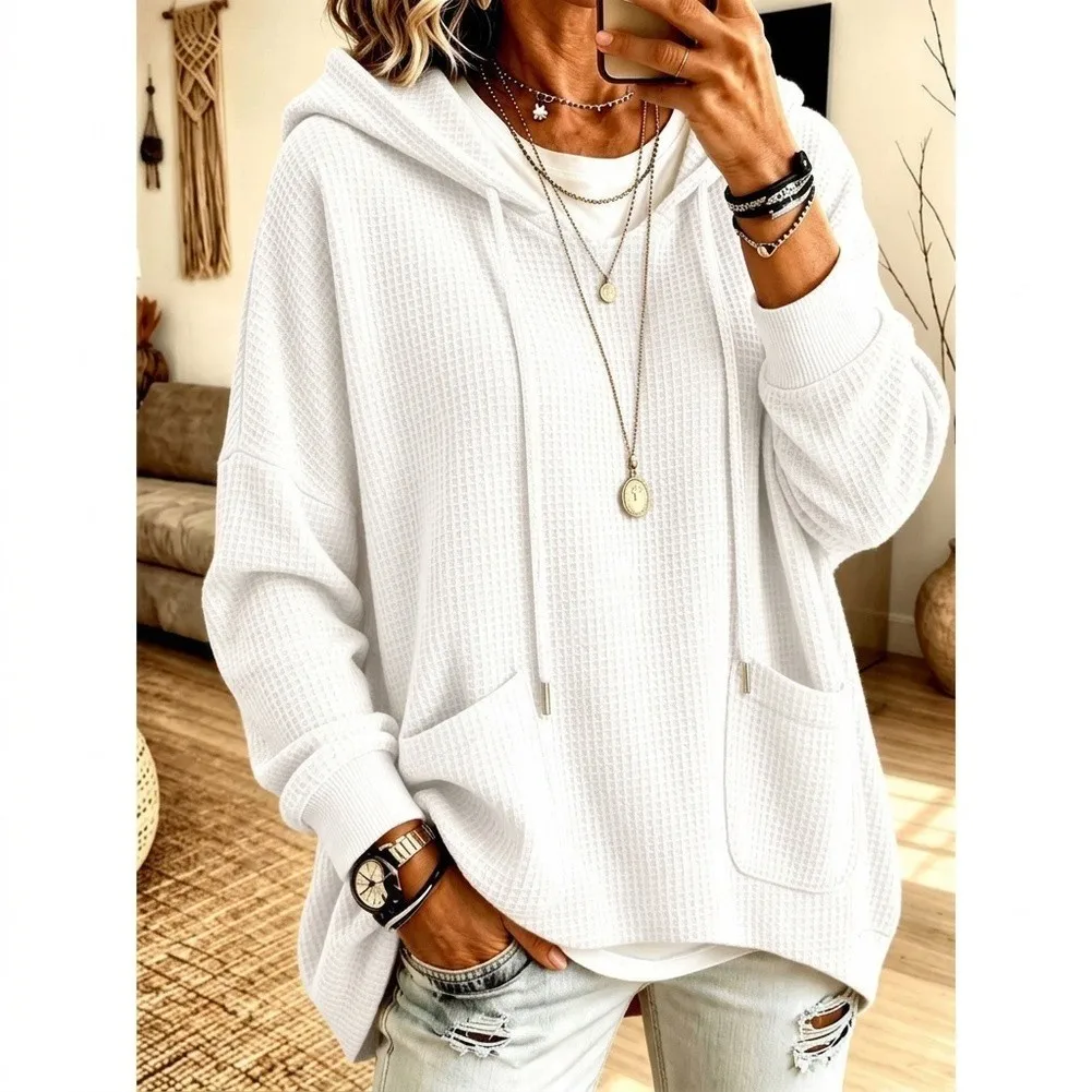 Waffle Texture Women Pullover Hoodie Long Sleeve Loose for Fit Sweatshirt Solid Color Casual for Autumn and Winter