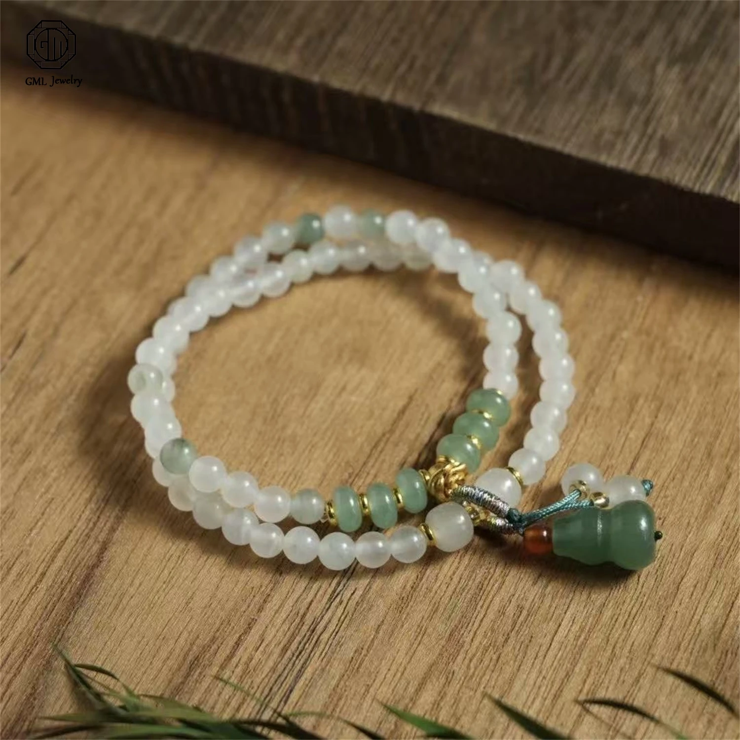 Natural Tianshan Green Jade Double Strand Bracelet Ancient Gold Rose Gourd Pendant New Chinese Versatile Jewelry Gift