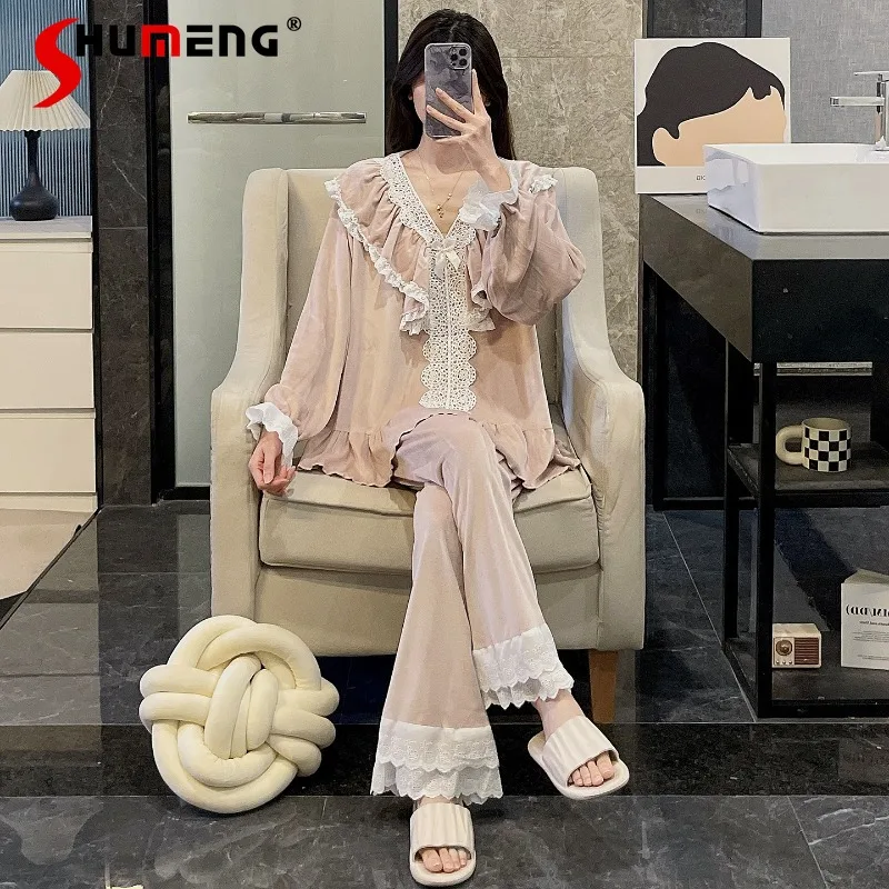 

Autumn Winter Velvet Pajamas for Women Palace Style Thickened Warm Underwear Female Velvet Pink Lace Long Sleeve Homewear Set