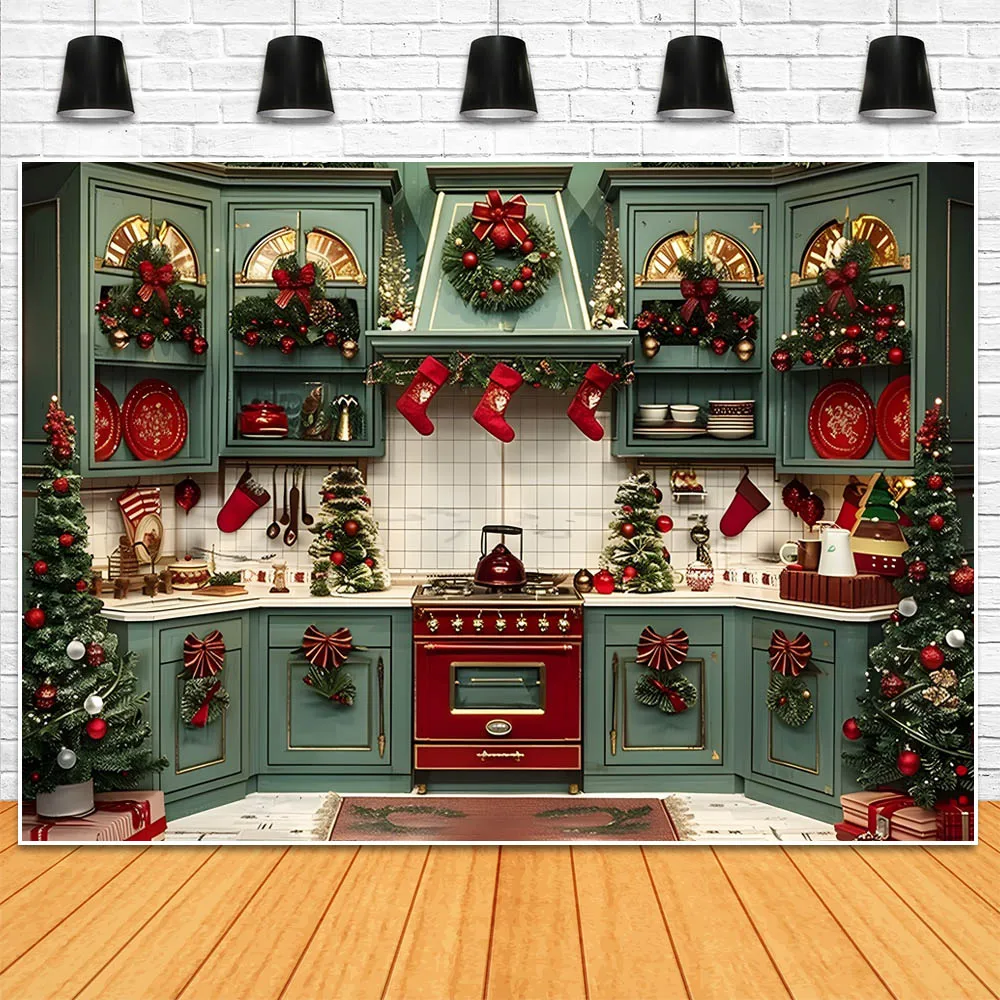 모시카 크리스마스 주방 사진 배경, 레트로 그린 캐비닛, 크리스마스 트리 화환, 가족 초상화 배경, 포토콜 소품
