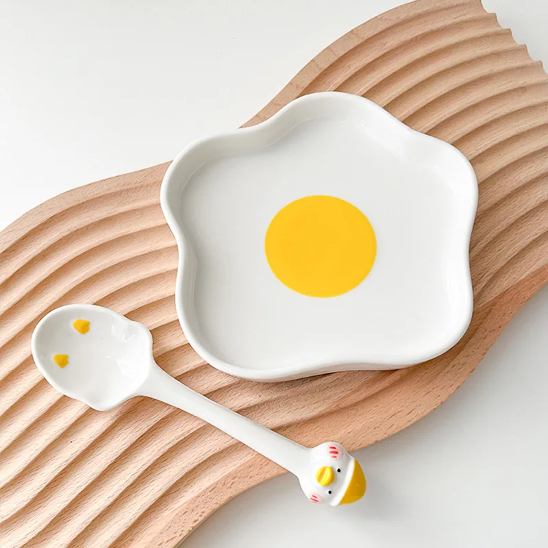 Creative Cute Fried Eggs Plate Hand Drawn Ceramic Plate Home Decorative Tray Korean Pretty Dish Breakfast Snacks Desserts Plates