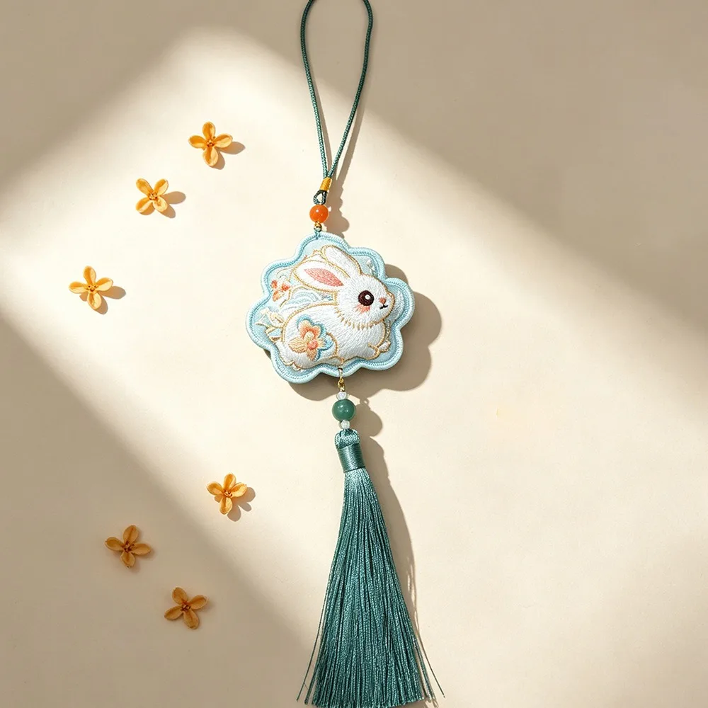 Chinese Traditional Mid-Autumn Festival Rabbit Scented Pouch Embroidery Patterns Handmade Bag Hanging Ornament with Tassel