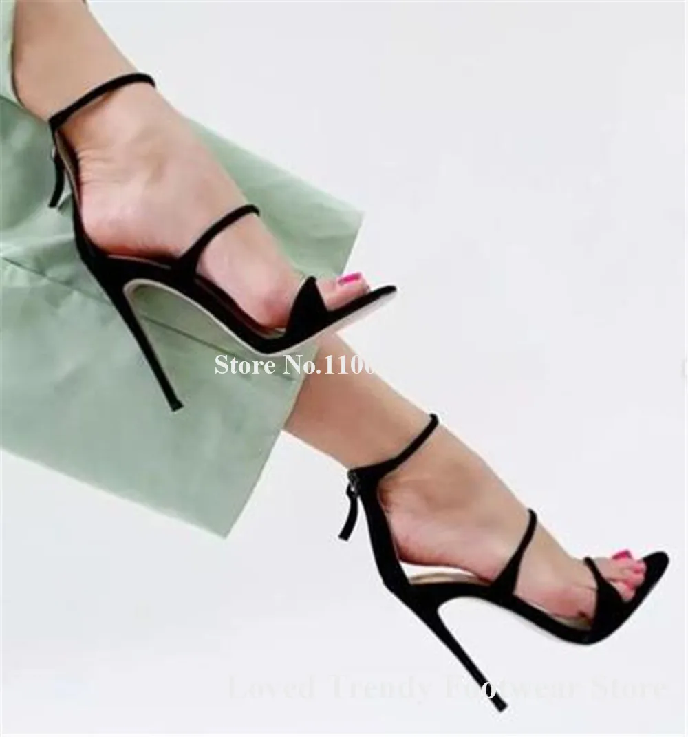 Sexy Black Suede Thin Straps Stiletto Heel Sandals Open Toe Back Zipper-up Thin Heel Dress Shoes Wedding Heels Big Size