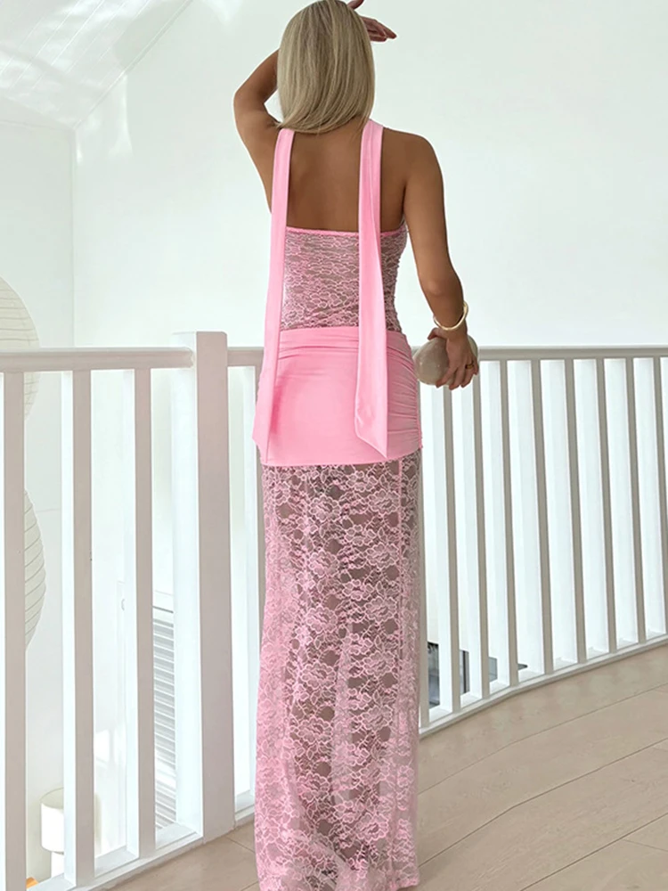 Sibybo ストラップレスレースパッチワークマキシドレス女性の夏のスラッシュネックノースリーブバックレスシャーリングボディコン衣装薄手のパーティードレス