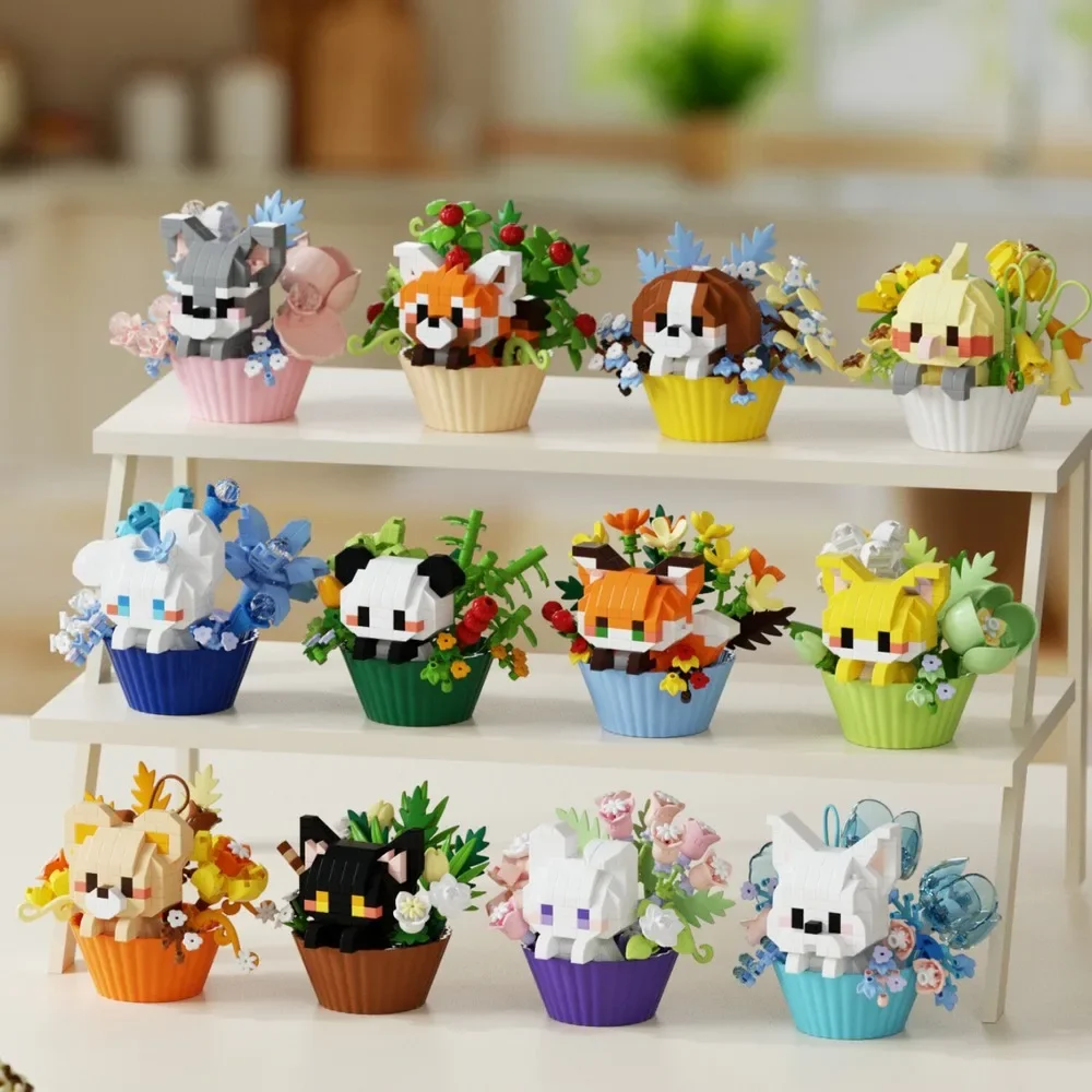 Mini Building Blocks Set Cute Pet Cupcake Dog Panda Cartoon Figures Delivery Puppy Small Puzzle Stress Display Decor Gift