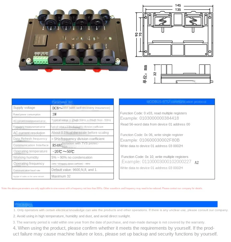 16 Channel 5A AC Current Frequency Measurement and Acquisition Module RS485 Sensor Transmitter