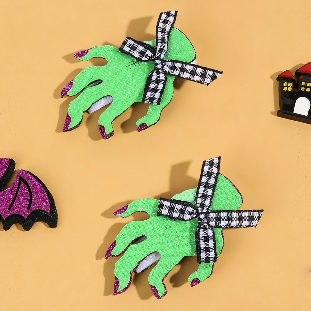 2 ชิ้นฮาโลวีนปาล์มสีเขียวคลิปผม Sparkly Bow Hairpin สําหรับสาวเด็ก Spooky น่ารักปาร์ตี้คอสเพลย์ Headdress อุปกรณ์เสริมผม