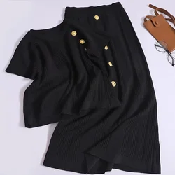 Women Spring Fashion O-neck Set Short Sleeved T-shirt Metal Button Elastic Band Knee Length Skirt Vintage Two-piece Set Summer