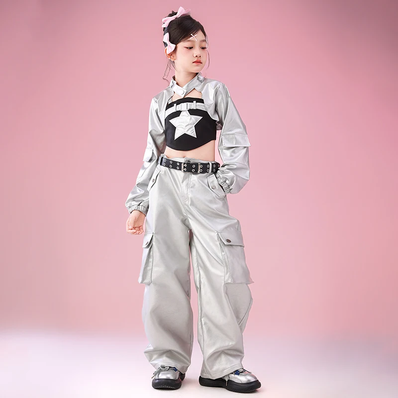 2025 ملابس رقص الجاز للأطفال عرض المدرسة زي السراويل البضائع الفضية المحاصيل الأعلى طفل أداء المرحلة ارتداء فتاة الشارع الشهير 4659 #3