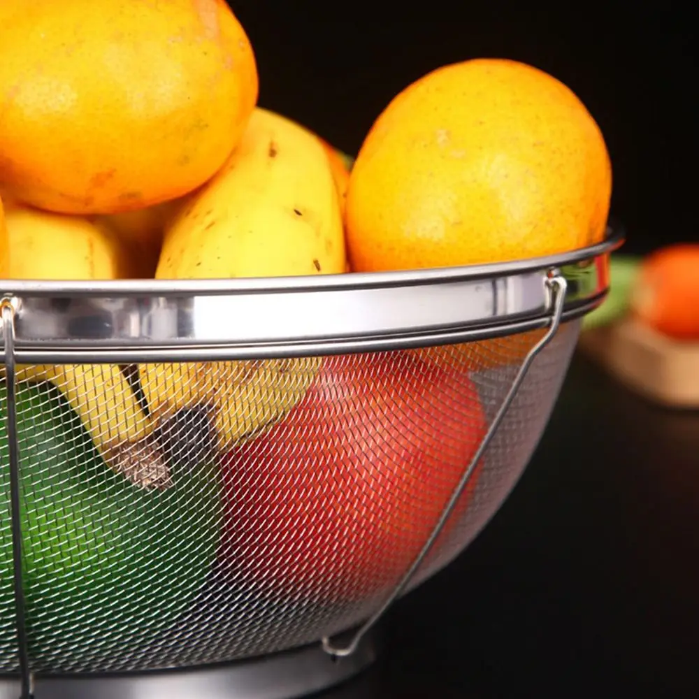 Stainless Steel Fine Mesh Strainer Multi Function Vegetable Fruit Washing Kitchen Colander Self-draining Base Draining Basket
