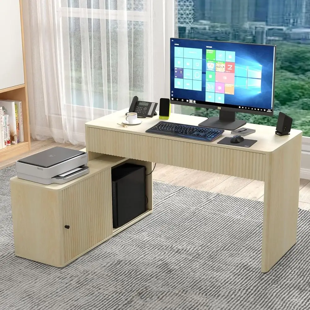 L Shaped Desk with Drawers, Home Office Desk or Bedroom, Small Space, Writing, Executive, Study, Work, Vanity - Natural