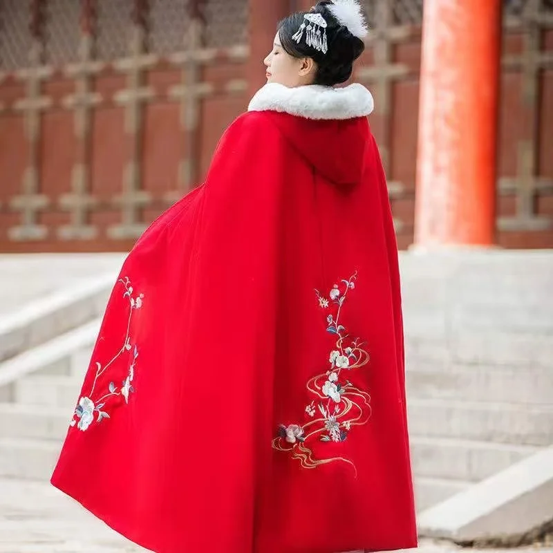 Women's Hanfu Cloak Winter Thicken Velvet Hooded Overcoat Lucky Festive Long Robe New Year Outer Cape Hanfu Match Cloak Female