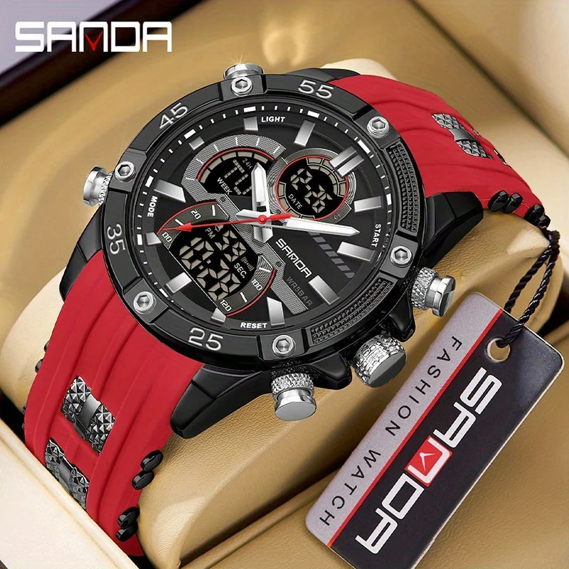 

Sanda Men's Electronic Watch Multi functional Night Light Waterproof Rubber Dual Screen Sports Watch Luxury Military Watch