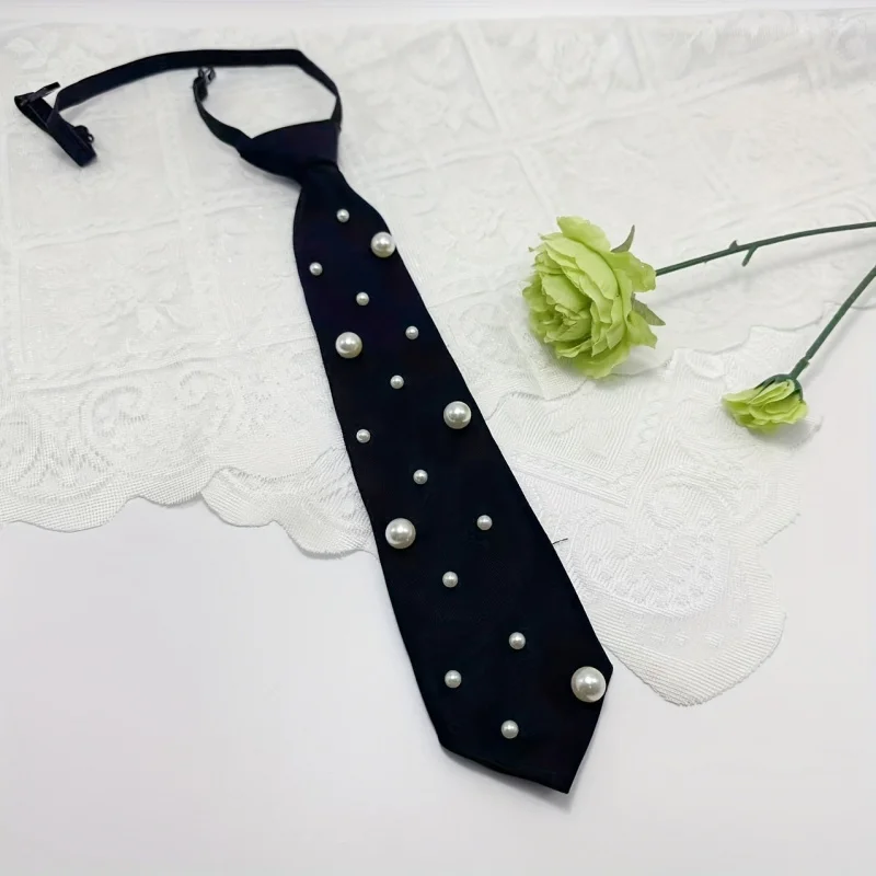 Lazy tie，Artificial Pearl Elegant Tie for Women's Shirts, Versatile Tie, Japanese College Style Tie