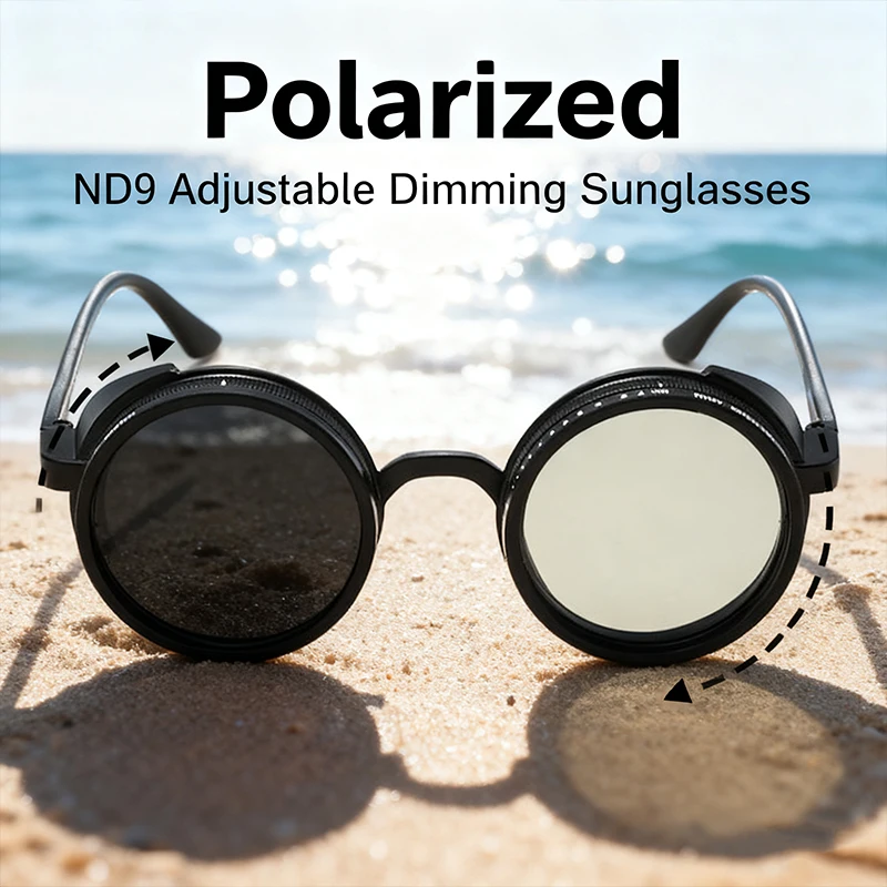 

Steampunk Polarized ND9 Adjustable Dimming Sunglasses Men Small Frame Round Light-Reducing Sun Glasses Punk Driving UV400 Shades