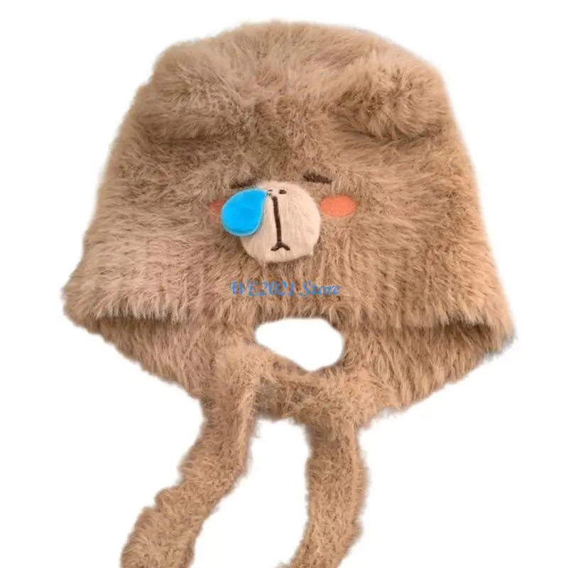 

G5GC Furry Plush Animal Hat for Winter Lovely Cartoon Headwear Cosplay Costume Hat Unisex Pullover Hat for Women Daily Use