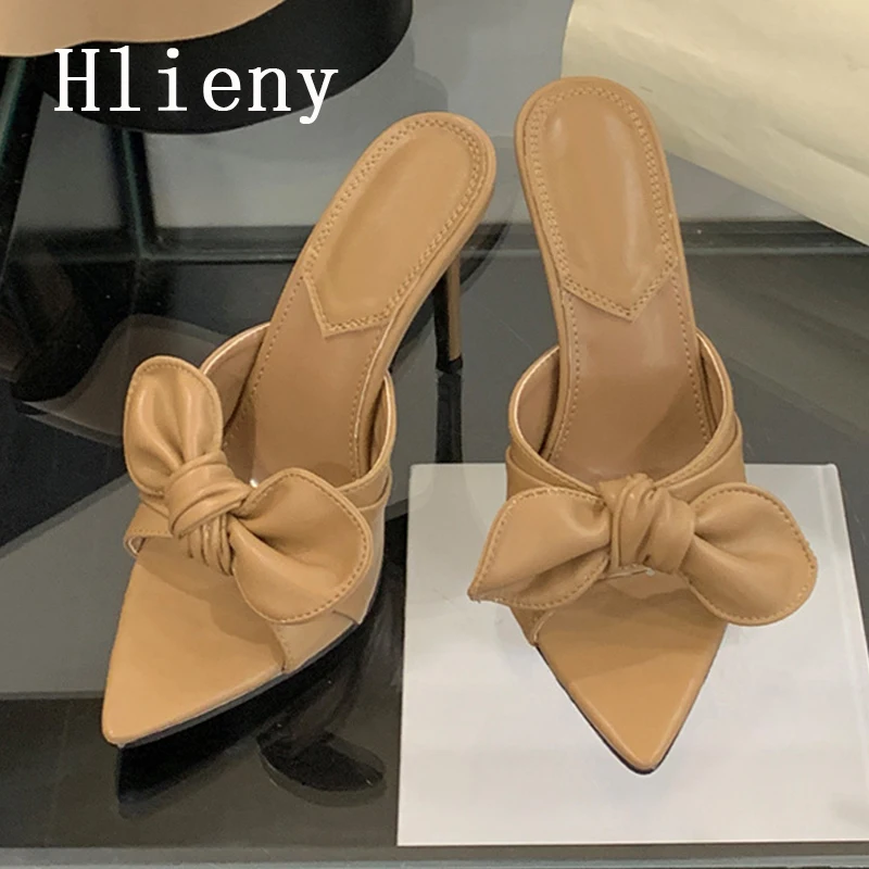 

Hlieny/Новые летние модные женские тапочки с узлом-бабочкой, шлепанцы на тонком высоком каблуке с острым носком, вечерние модельные туфли, туфли-лодочки