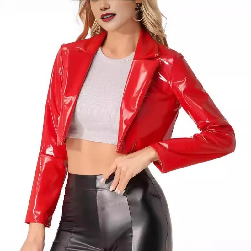 سترة PU رفيعة أوروبية أمريكية قصيرة الخصر مكشوفة بلون سادة ومرآة ترتد بأربعة جوانب بدلة أداء للمسرح #2