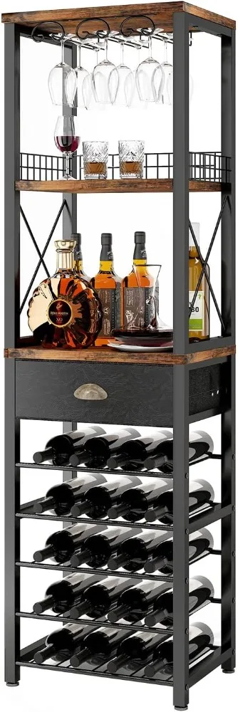 

Wine Rack Freestanding Floor, Bar Cabinet for Liquor and Glasses, 4-Tier Bar Cabinet with Tabletop, Glass Holder,Storage Drawer