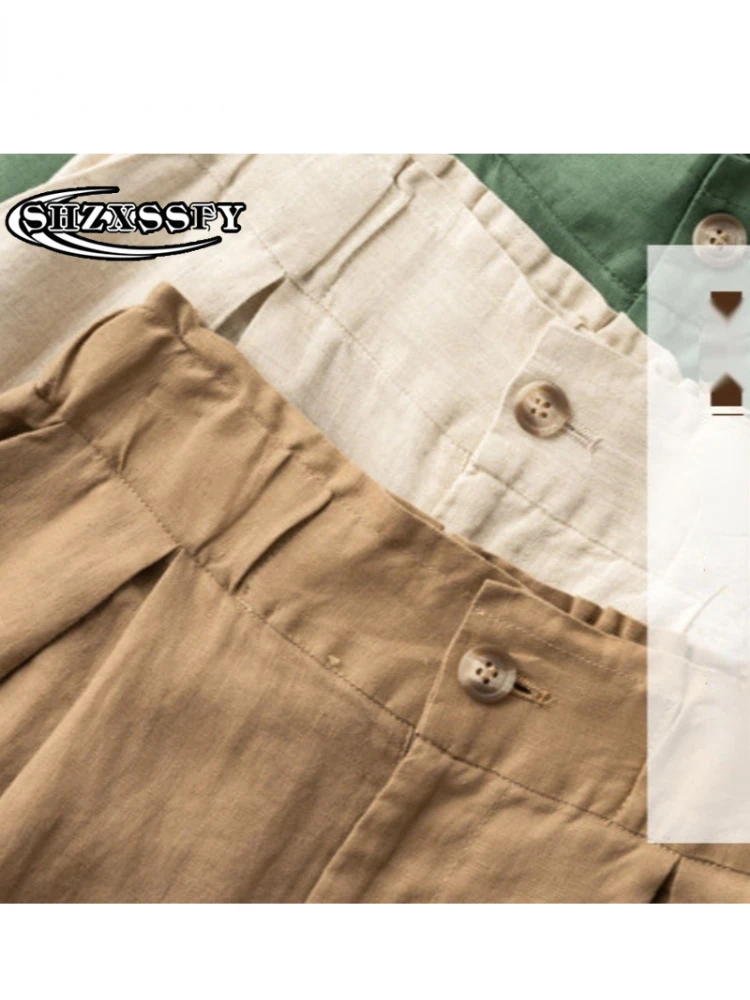 Pantalones cortos de lino y algodón para mujer, Shorts informales de gran tamaño, con botones sólidos, a la moda, de cintura alta, color verde