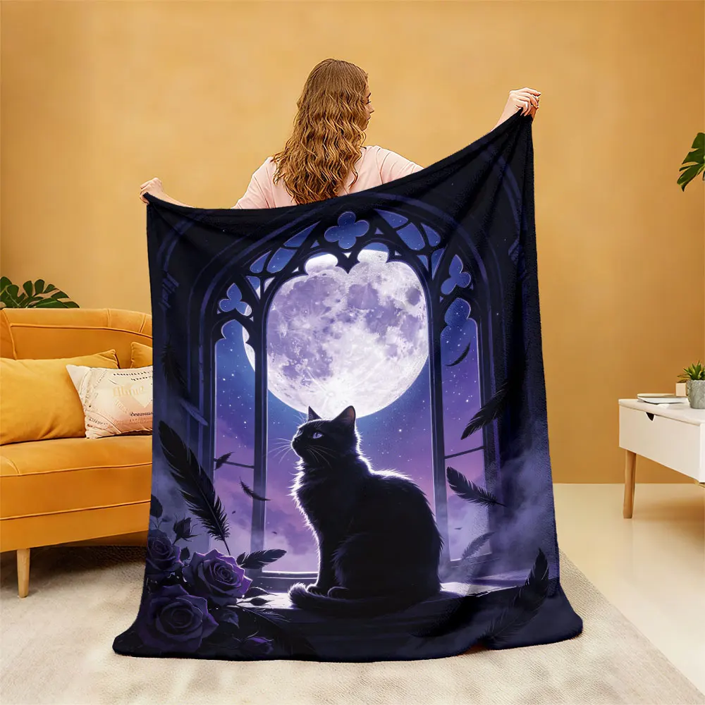 1Pc Gothic Moonlit Night Black Cat Purple Rose Flannel Blanket Multi Sizes Soft Light Throw For Sofa Lounging Office Rest Nap