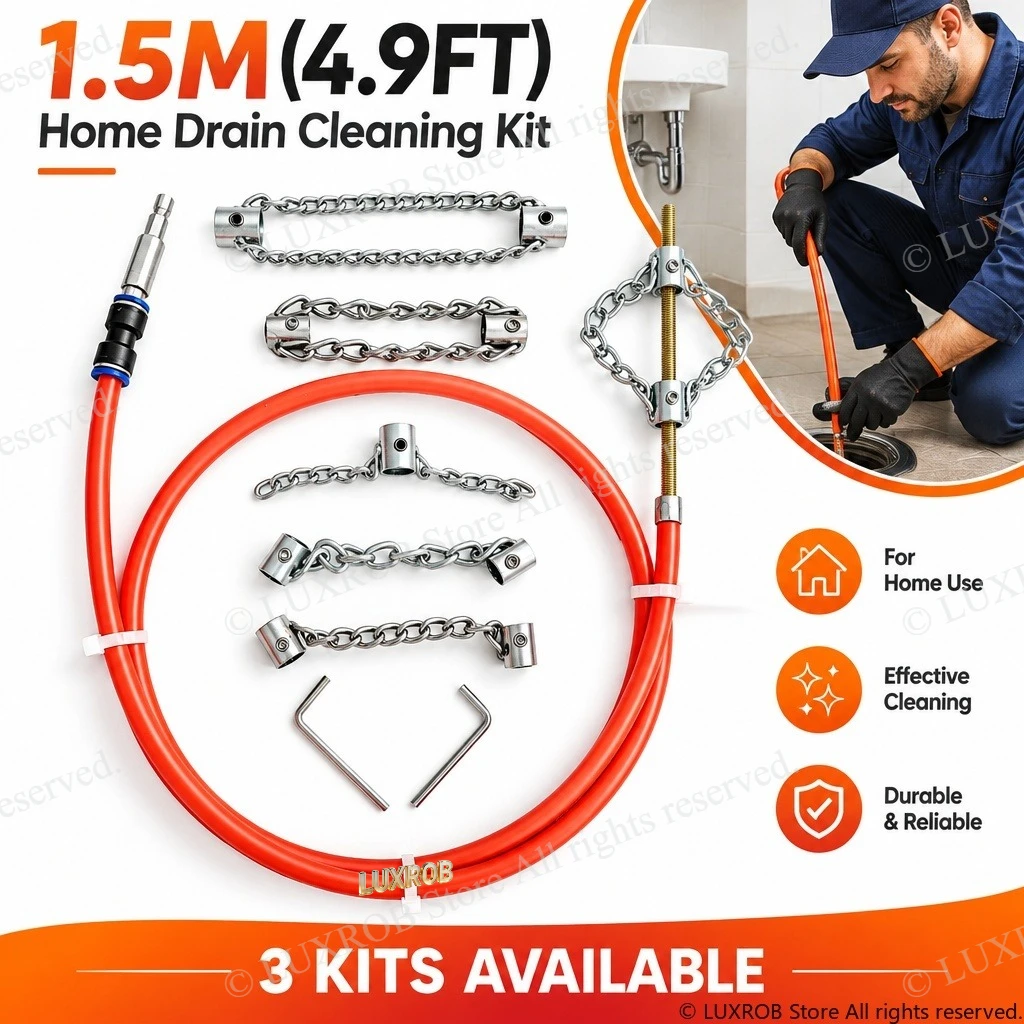 1.5M Drain Cleaning Kit for Drill,3 Sets Available,Galvanized or Welded Chain Optional,65Mn Spring Steel Sink Pipe Dredger