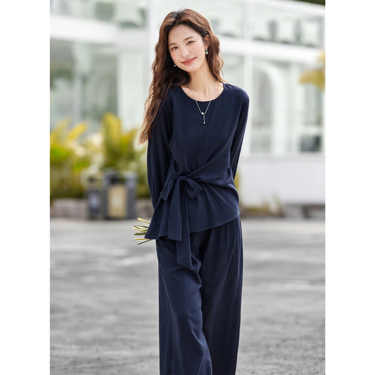 VIMLY Set di pantaloni da pendolare casual da donna Autunno Nuovo set di due pezzi solido Tie-frente Manica lunga O-Collo Top Pantaloni a gamba larga Set A2900