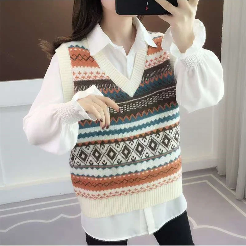 Autumn Winter V-Neck Sleeveless Fair Isle Sweater Retro Elegant Knitted Vest New Women\'s Sweater Slim Tank Top Pullover Blouse