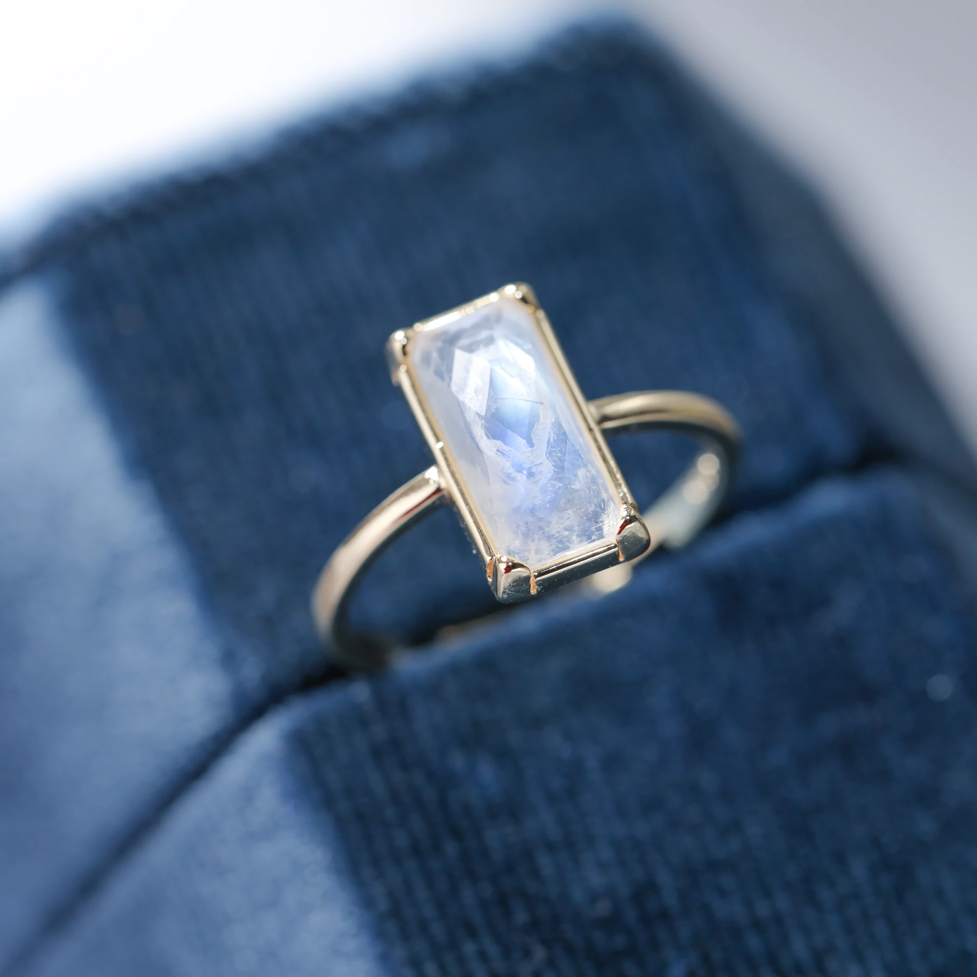 Natural Baguette Cut Moonstone Gemstone Engagement Solitaire Ring 925 Sterling Silver Band for Women Blue Stone Promise Gifts