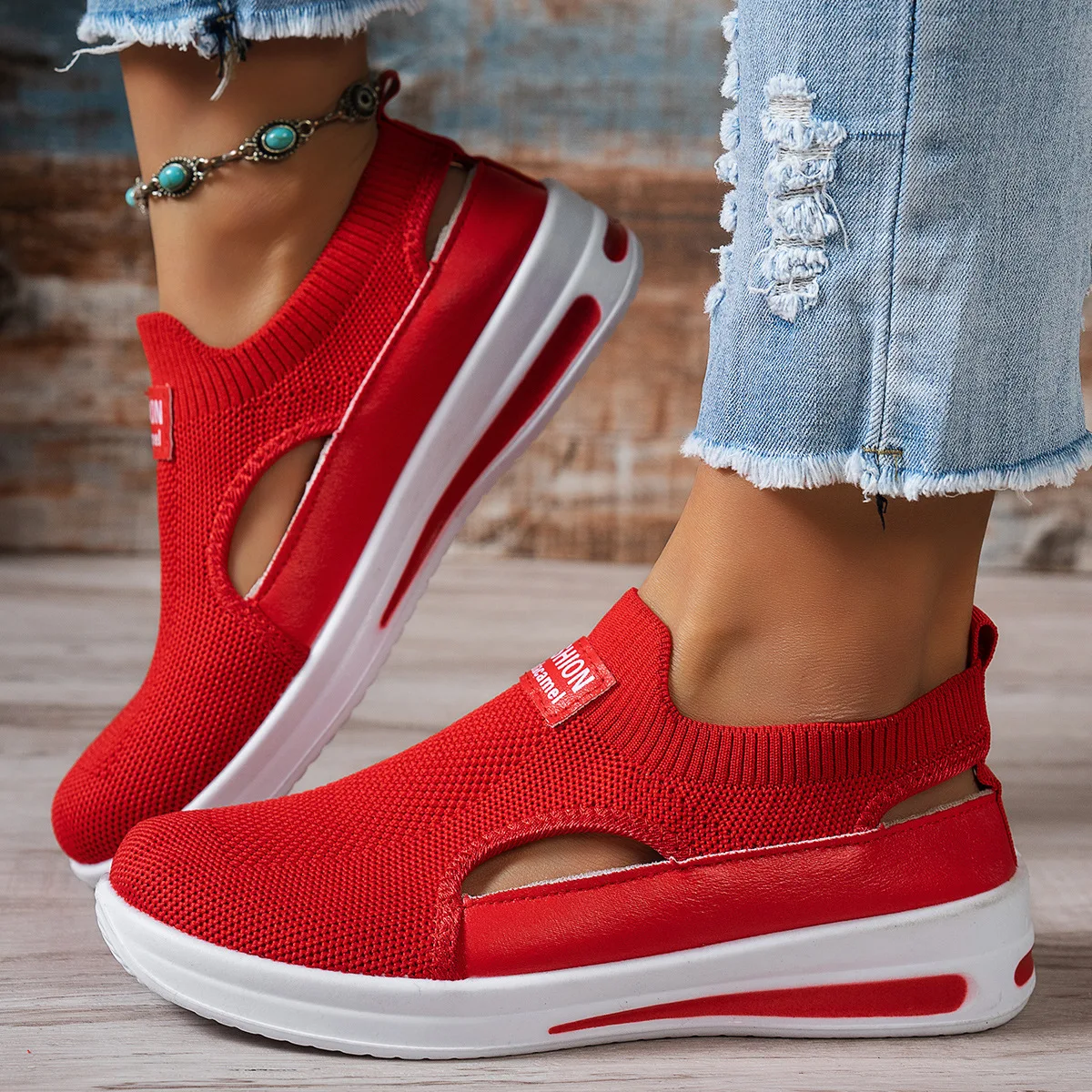 Hohle Slip-On-Plateau-Keilsneaker für Damen, atmungsaktiv, rutschfest, weiche Sohle, für den täglichen Gebrauch, bequeme Freizeitschuhe – Detail 4