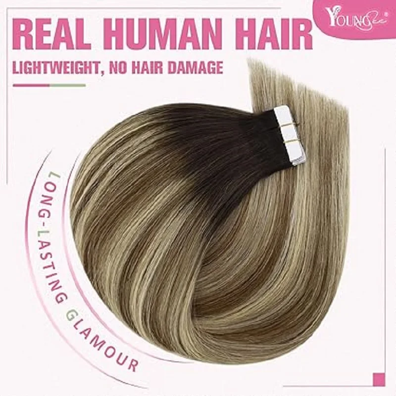 YoungSee Fita em Extensões de Cabelo Humano Real Cabelo Natural 12-24 Polegada Fita Invisível em Cabelo Humano Para Mulher 20 Pcs 50G