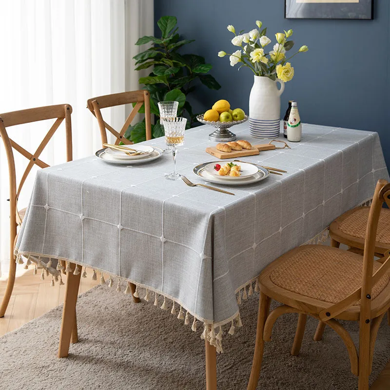 Plaid Decorative Linen Tablecloth With Tassel Waterproof and Oil-Proof Thickened Rectangular Tablecloth Grey Coffee Table Cover