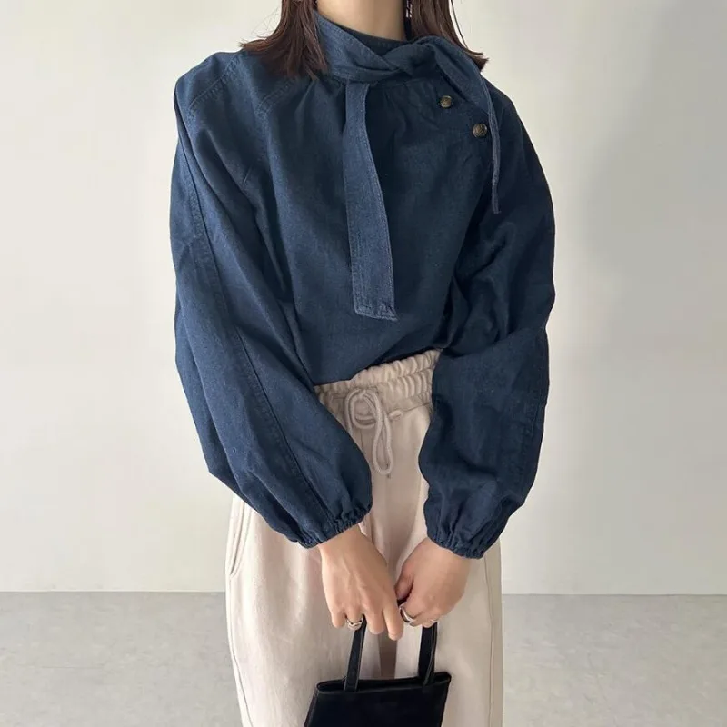 

Vintage Sweet Bow Denim Shirt Women 2025 Spring Autumn New All-match Blouses Casual Loose Long Sleeve Blusas Mujer