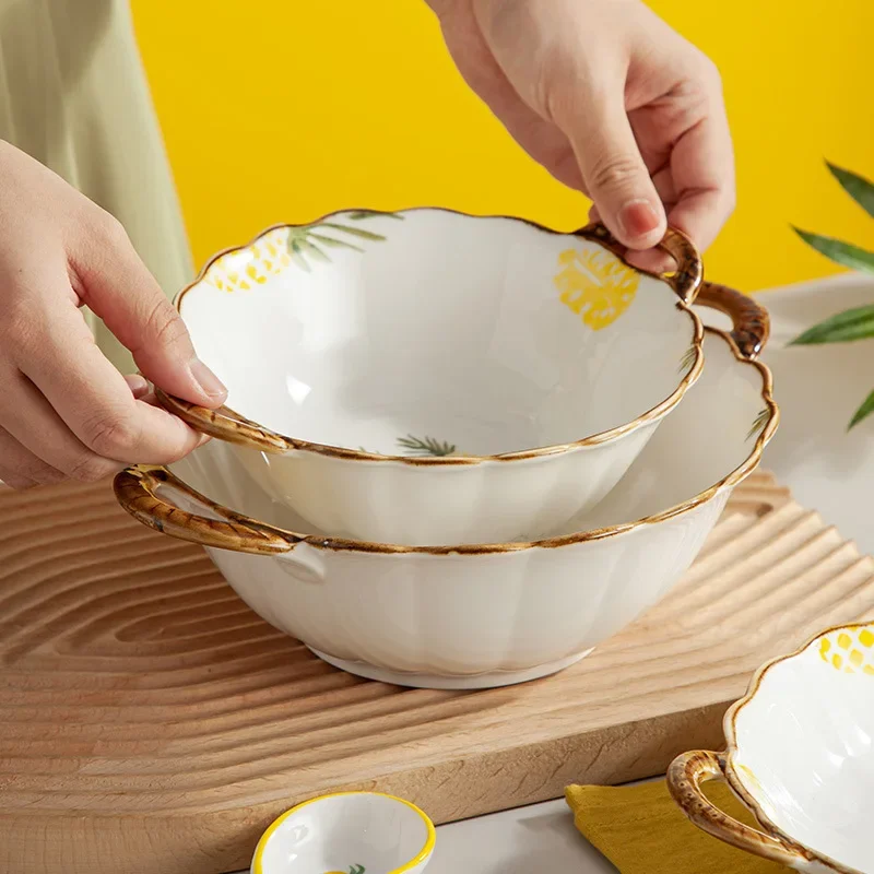 Hand Drawn Circular Ceramic Plates, Dishes, Fish Plates, Soup Bowls, Double Ear Baking Pans, Household Rice Bowls, Tableware