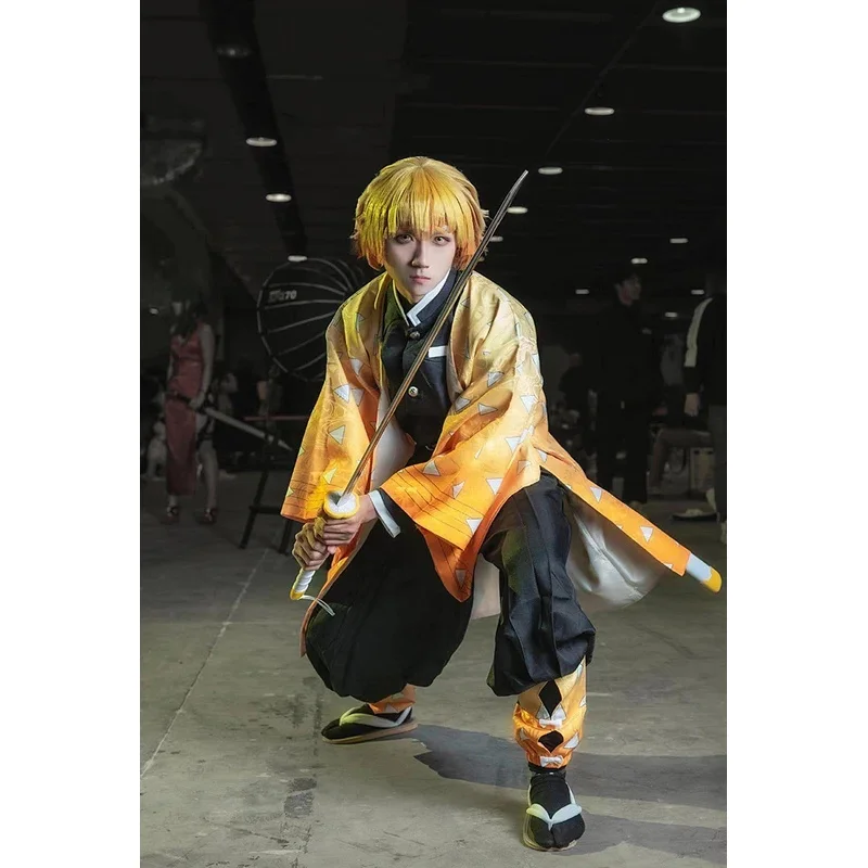 Костюм для косплея Agatsuma Zenitsu, аниме Demon Slayer, кимоно, вечерние форма, Kimetsu no Yaiba, одежда для охотника дьявола для детей и взрослых