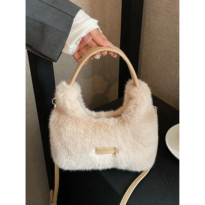 Bolso de hombro pequeño y esponjoso para mujer, bolsa pequeña con textura suave, a la moda, mininicho Popular, de Color sólido, 2023