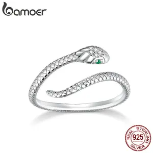 BAMOER Cincin Dapat Disesuaikan Berlapis Platinum Perak Murni 925, Cincin Ular Tekstur Retro Zirkon Hijau Perhiasan Fashion 4 Warna 6 cincin platinum penjualan terbaik - №
