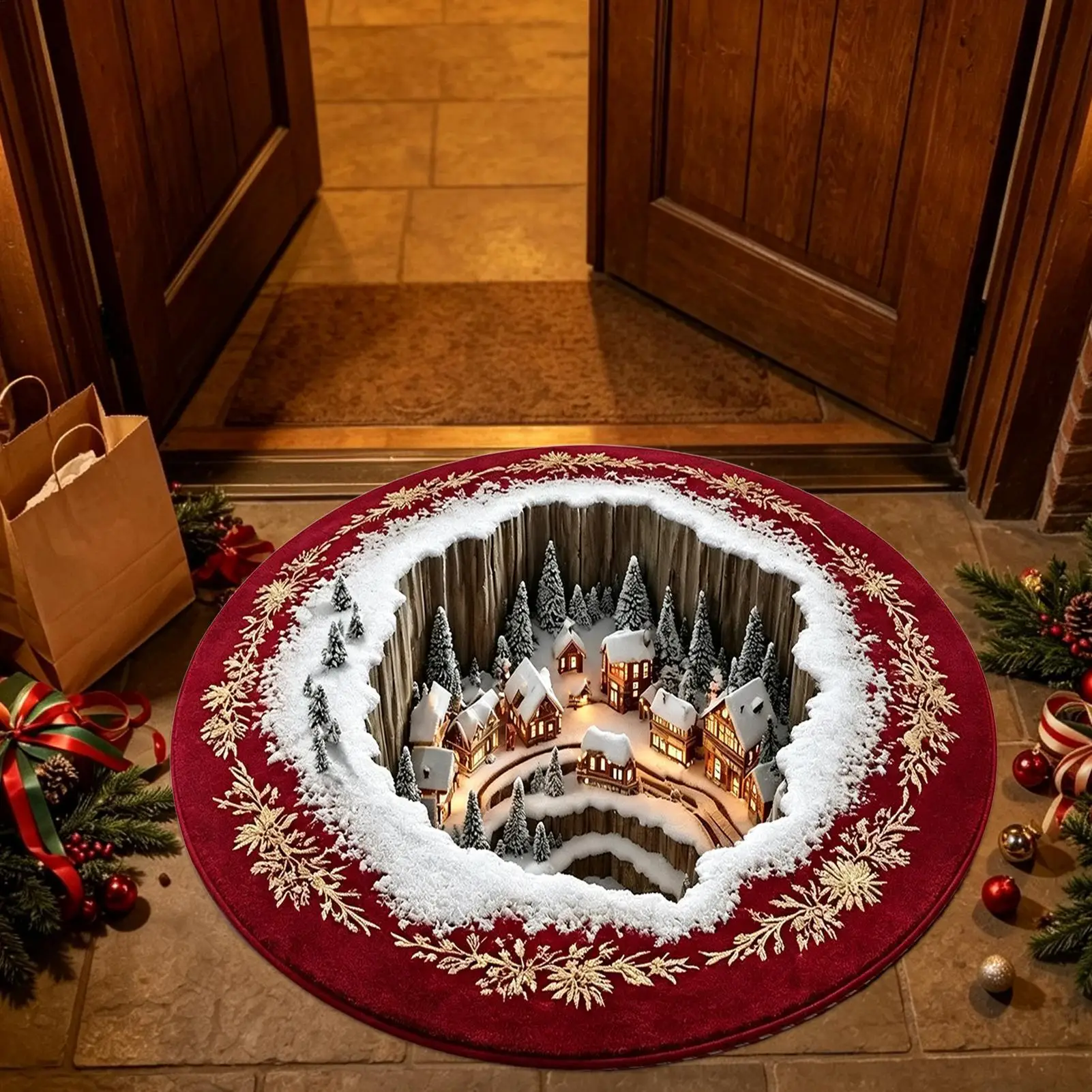 80/100cm Christmas Optical Illusion Rug Christmas Snowy Landscape Print Round Rug Non Slip Floor Mat Halloween Home Party Decor