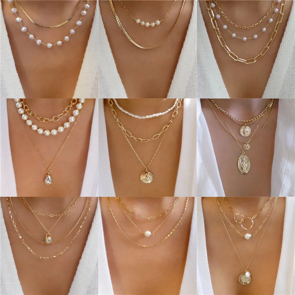 

Trendy Gold-plate Geometric Beads Crystal Multilayer Necklace For Women Vintage Asymmetrical Pearl Choker Necklace Jewelry Gifts