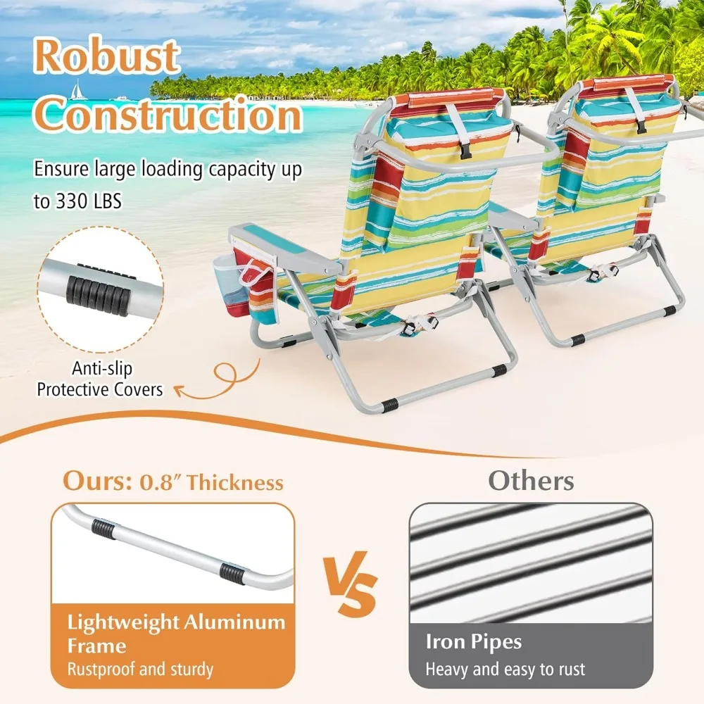 Beach Chair, 330lbs Backpack Lounger with 5-Position Backrest, Storage Bag, Side Pocket, Towel Bar & Headrest, Foldable Low