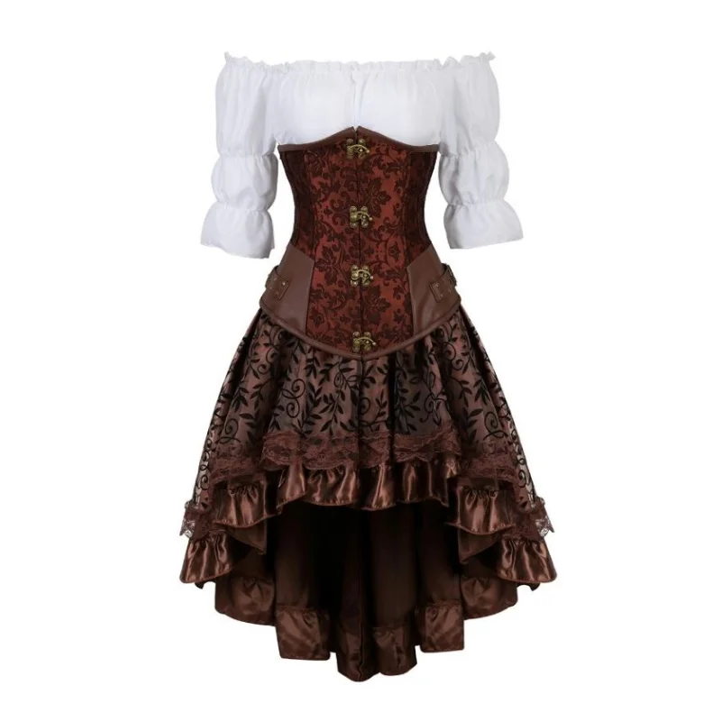 Gothic Corset Dress Steampunk PU Leather Corset Crop Top Three-Pieces Set Pirate Costume Renaissance Blouse and Burlesque Skirt